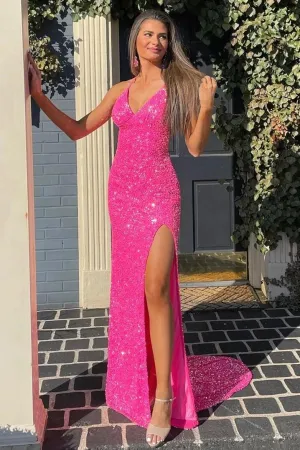 2024 Hot Pink Sequins Evening Dresses UK Mermaid V Neck Long Prom Dresses with Slit