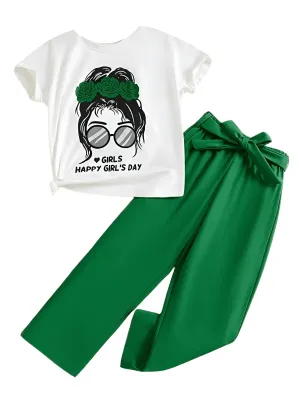 2pcs Girl's Fashion Set T-Shirt   Thin Wide Leg Pants