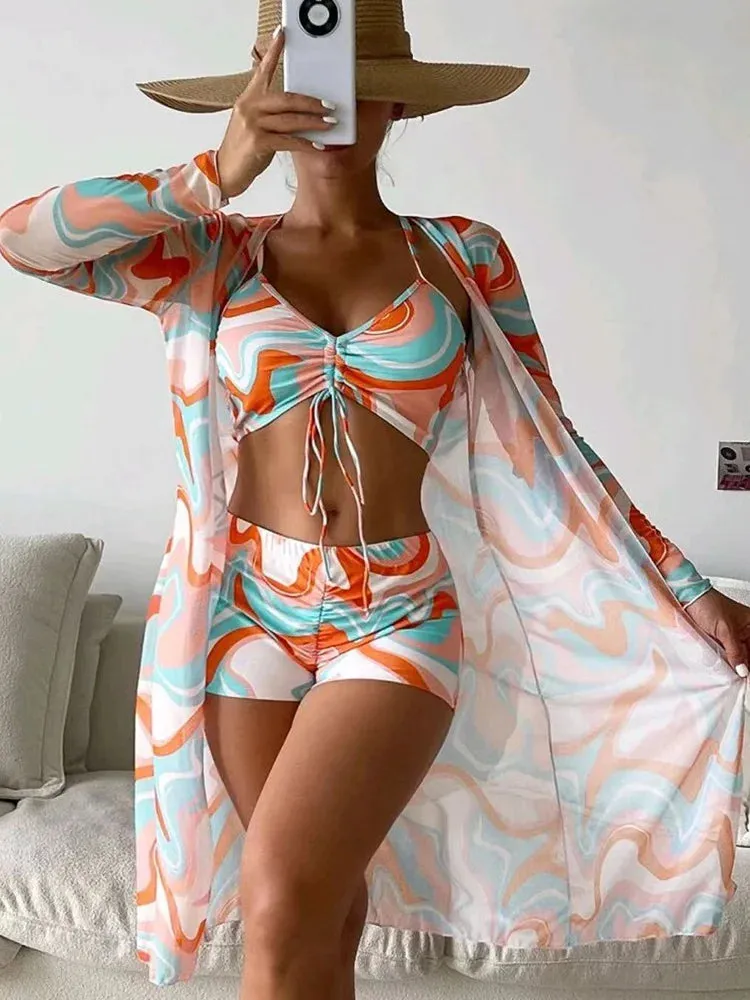 3PCS Allover Print Drawstring Bikini Set With Cover Up