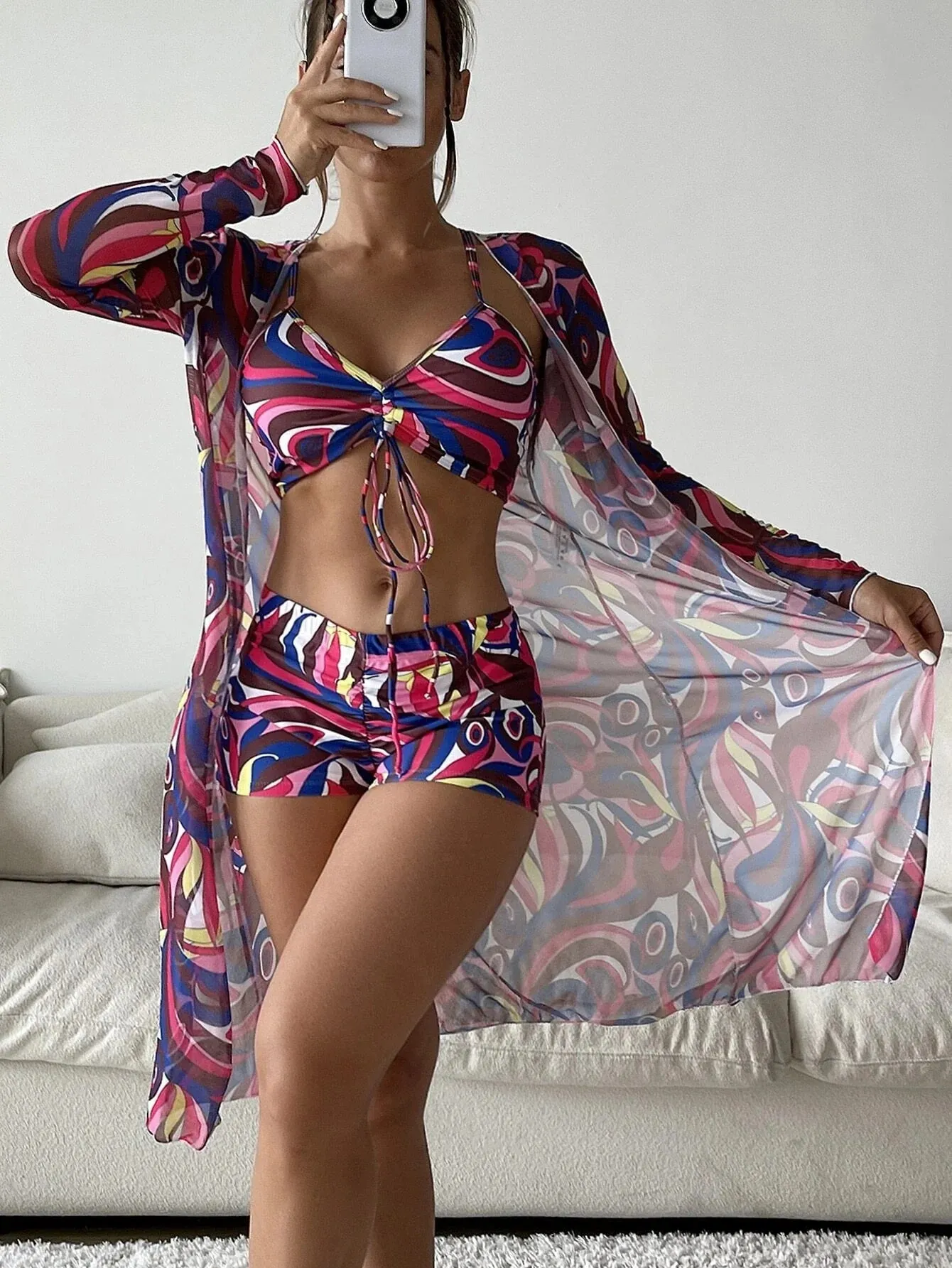 3PCS Allover Print Drawstring Bikini Set With Cover Up