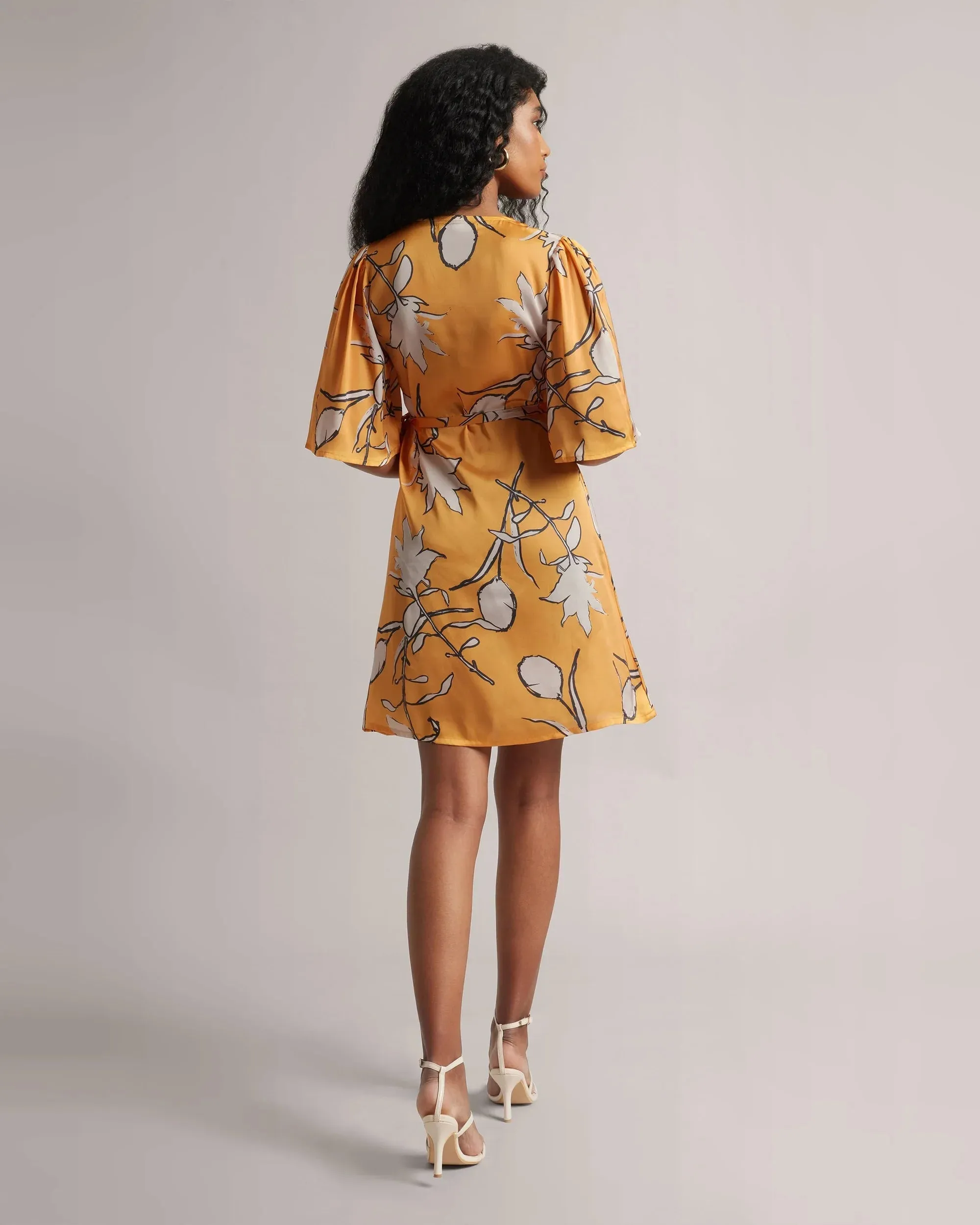 Amber Yellow Abstract Print Wrap Tie-Up Dress