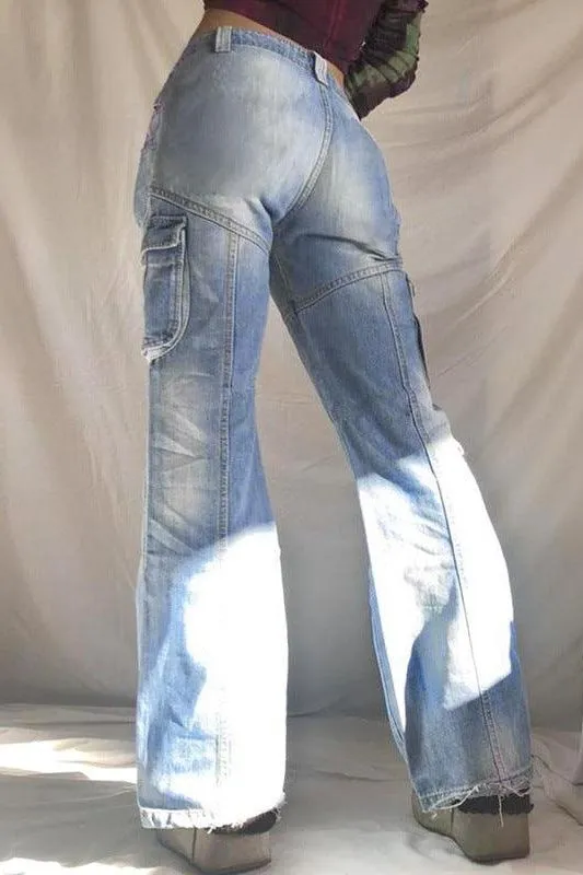 American washed multi-pocket jeans pants