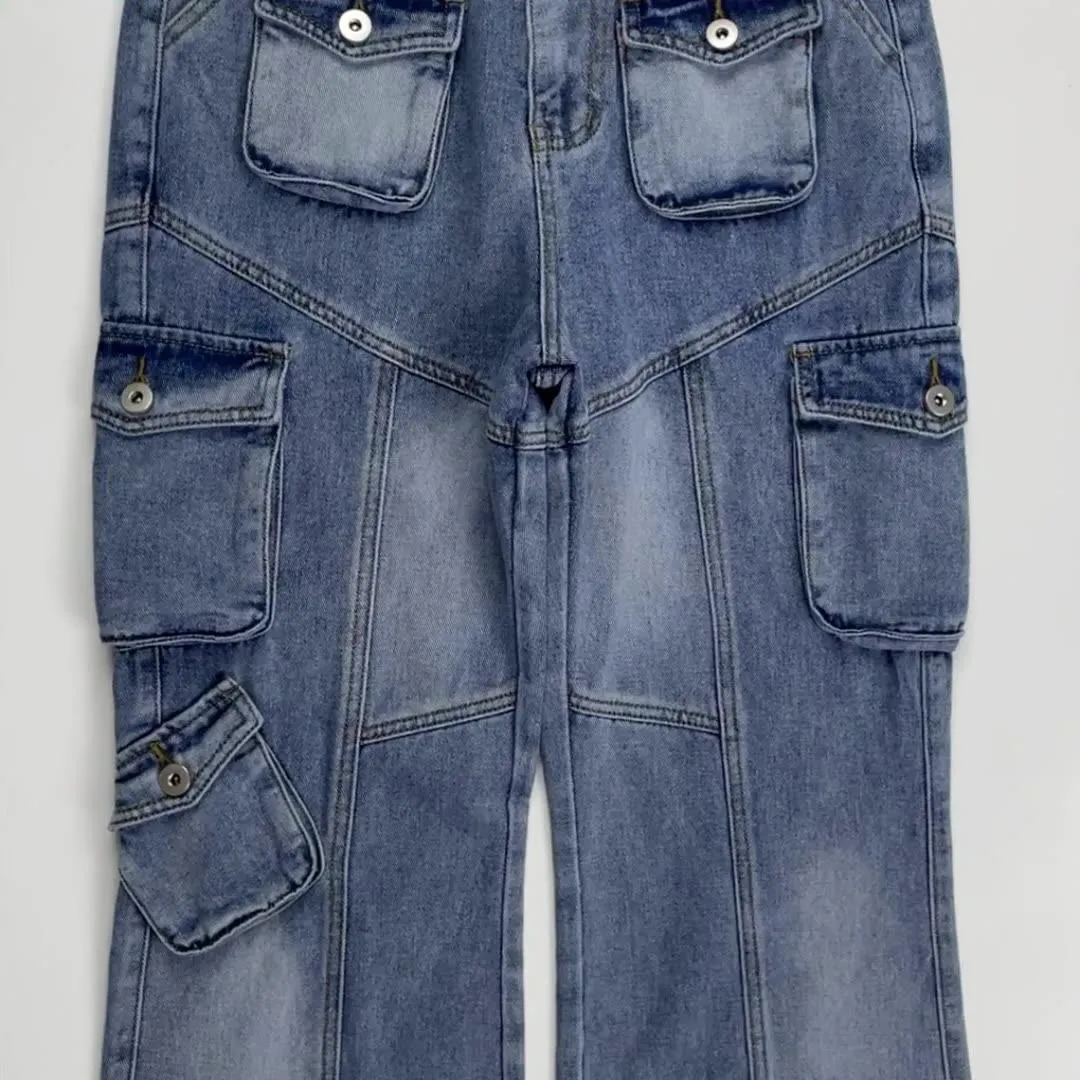 American washed multi-pocket jeans pants