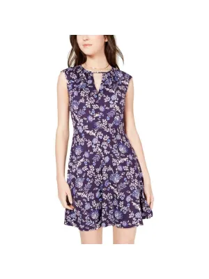 BEBOP Womens Purple Floral Cap Sleeve Keyhole Mini Sheath Dress