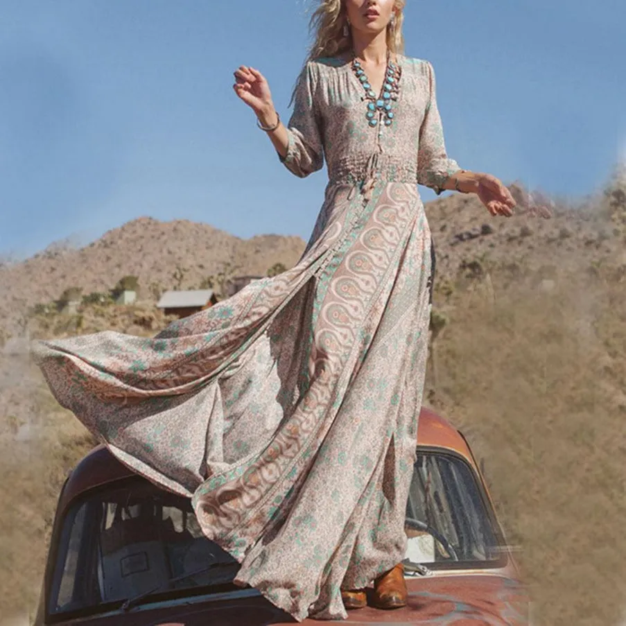 Beige Boho Floral Print Long Dress