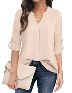 Beige Women's Casual Chiffon V Neck 3/4 Sleeve Blouse Tops - Timeson