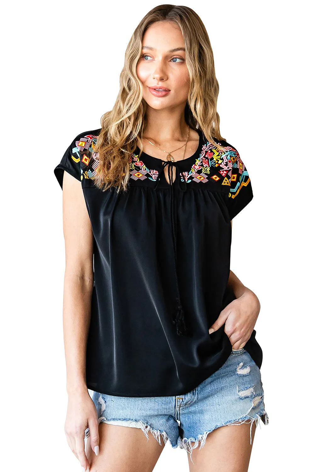 Black Geometric Floret Embroidered Short Sleeve Blouse