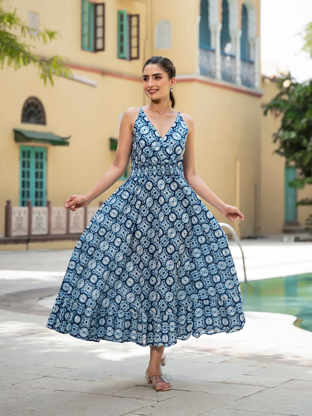 Blue Floral Print Pure Cotton Fit & Flare Dress