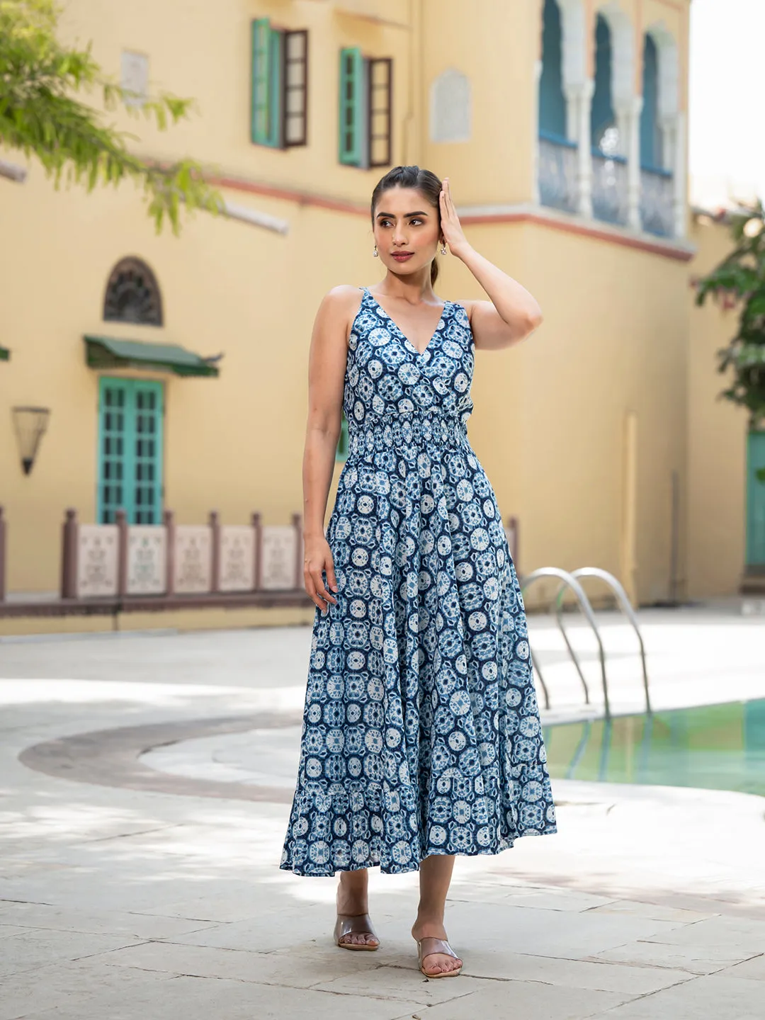 Blue Floral Print Pure Cotton Fit & Flare Dress