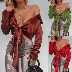 BowKnot Strap Wrap V-neck Long Lantern Sleeves Crop Top