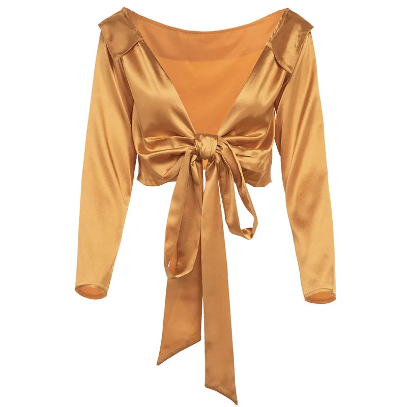 BowKnot Strap Wrap V-neck Long Lantern Sleeves Crop Top