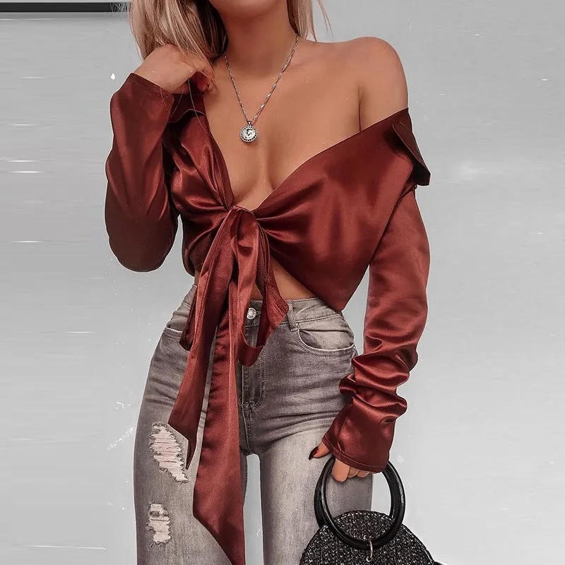 BowKnot Strap Wrap V-neck Long Lantern Sleeves Crop Top