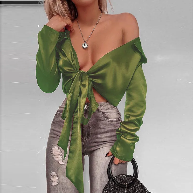 BowKnot Strap Wrap V-neck Long Lantern Sleeves Crop Top