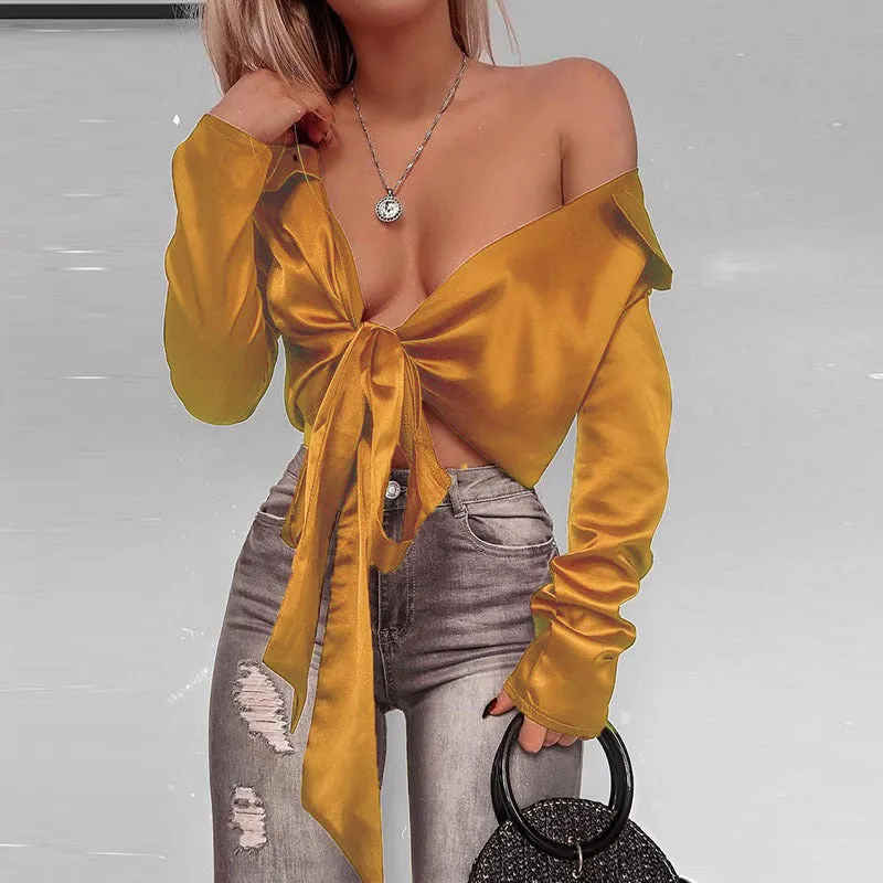 BowKnot Strap Wrap V-neck Long Lantern Sleeves Crop Top