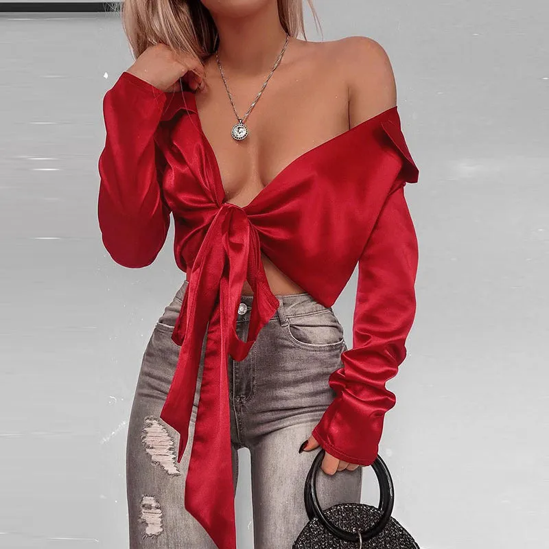 BowKnot Strap Wrap V-neck Long Lantern Sleeves Crop Top