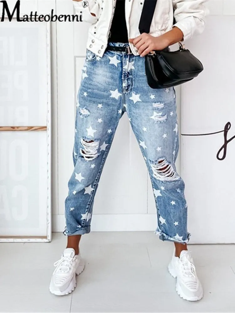 Boyfriend Slim Hole Star Ripped Jeans Street Casual