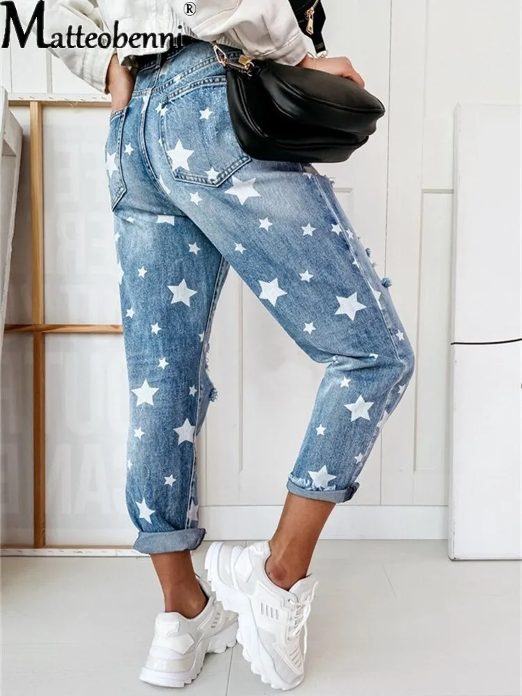 Boyfriend Slim Hole Star Ripped Jeans Street Casual