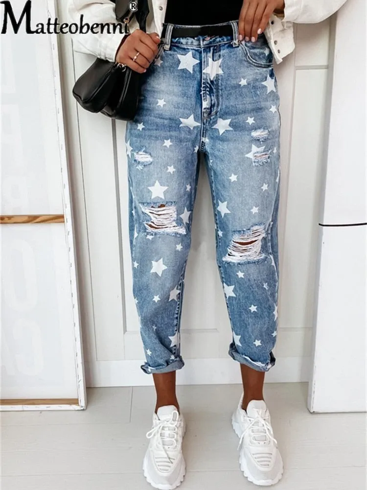 Boyfriend Slim Hole Star Ripped Jeans Street Casual