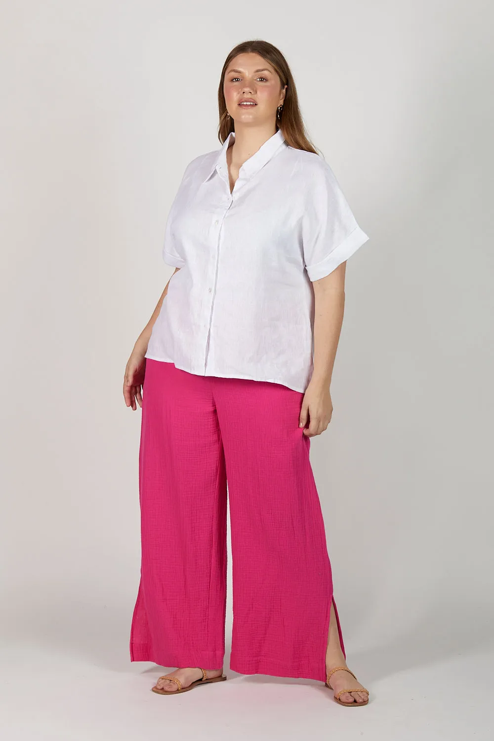 Camille Crinkle Cotton Wide Leg Pant in Pink Glo