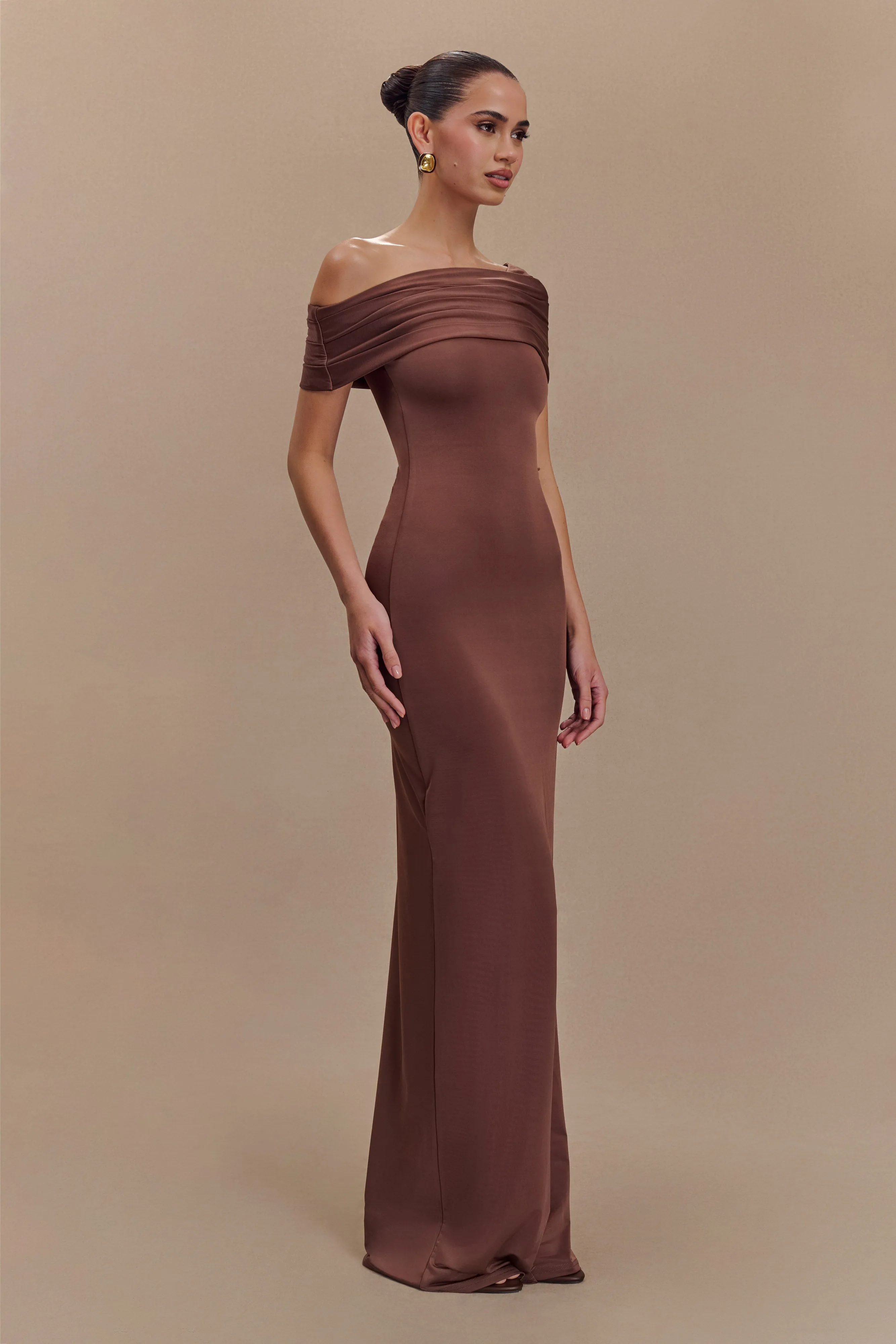 Cassandra Off Shoulder Slinky Maxi Dress - Chocolate