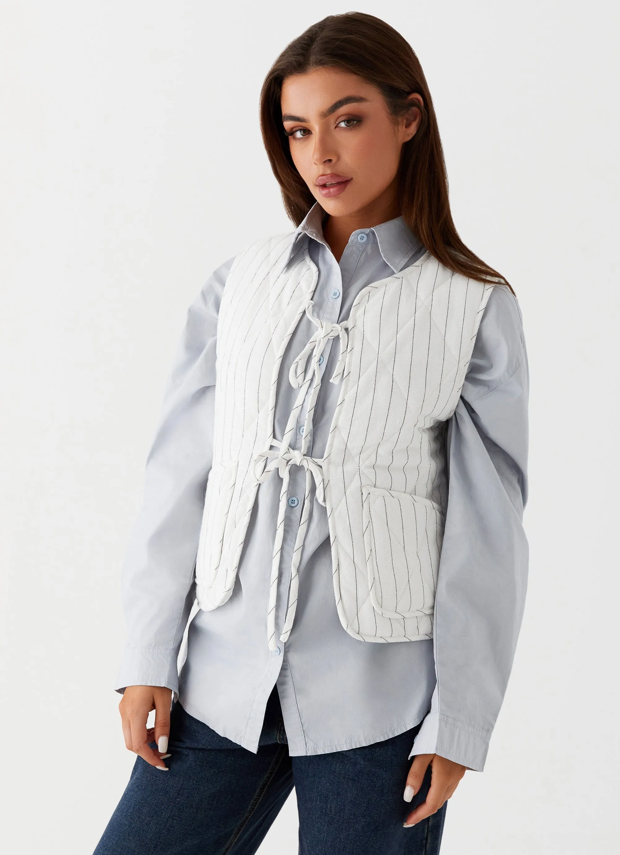 Celini Quilted Vest - White Pinstripe