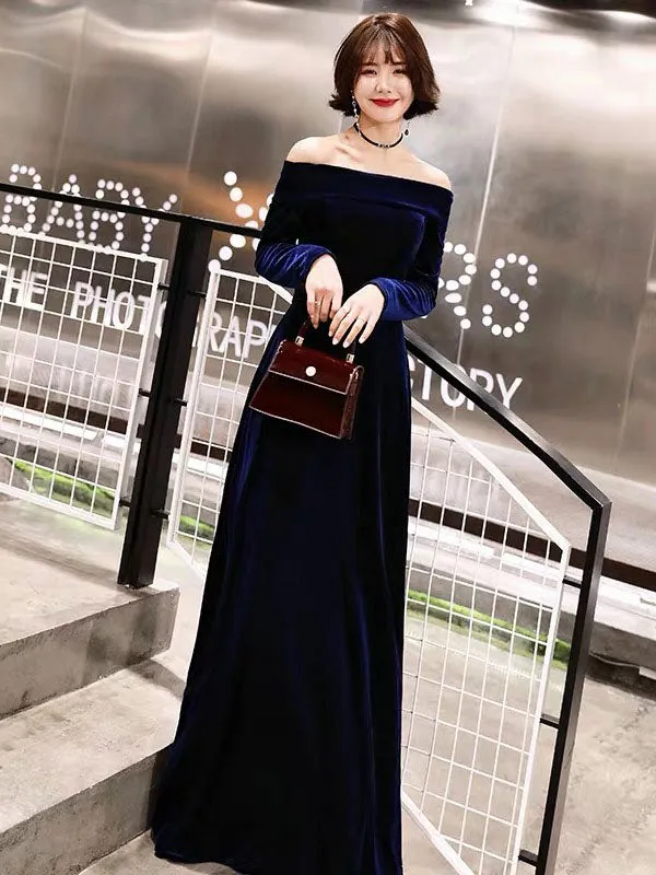 Classic Evening Dresses Velvet Long Sleeve Off Shoulder Maxi Dresses