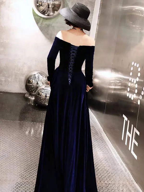 Classic Evening Dresses Velvet Long Sleeve Off Shoulder Maxi Dresses