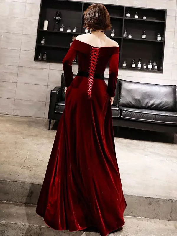 Classic Evening Dresses Velvet Long Sleeve Off Shoulder Maxi Dresses