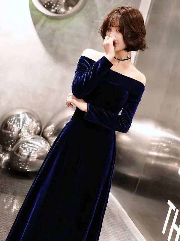 Classic Evening Dresses Velvet Long Sleeve Off Shoulder Maxi Dresses