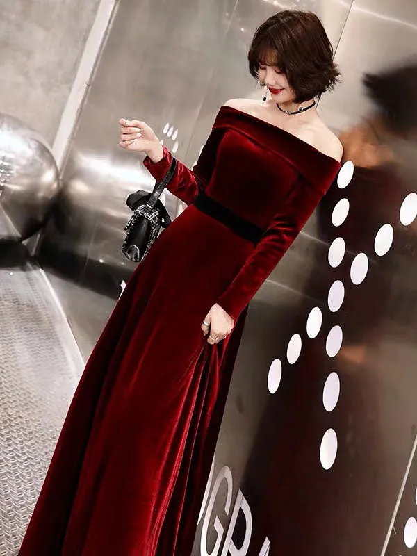 Classic Evening Dresses Velvet Long Sleeve Off Shoulder Maxi Dresses