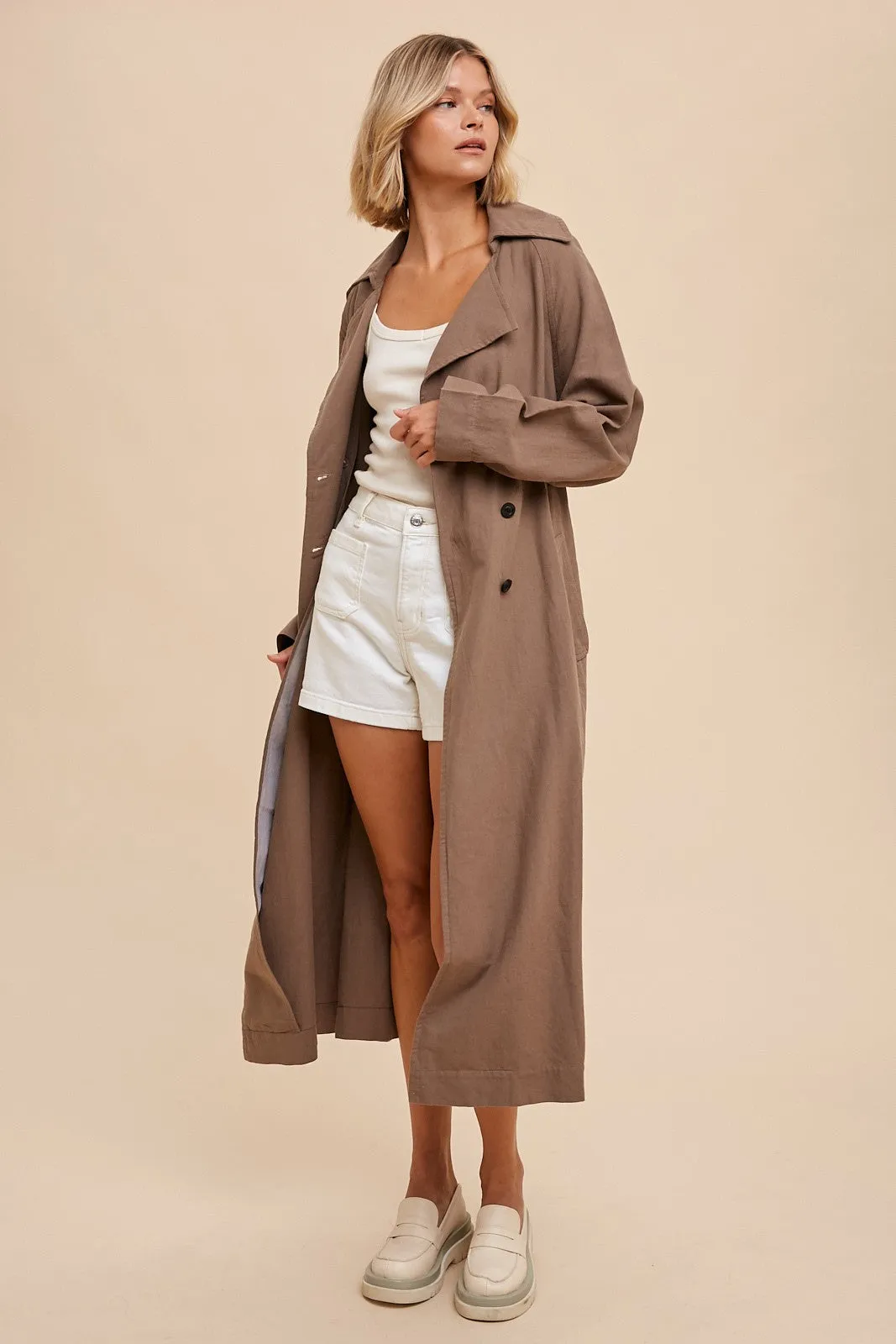 Classic Trench Coat with Belt Waist Tie in Truffle