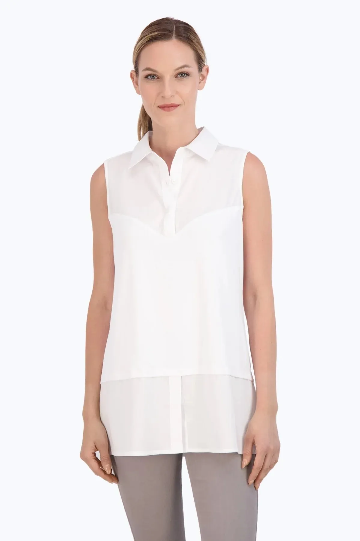 Collared Tunic Length Layering Tank, White