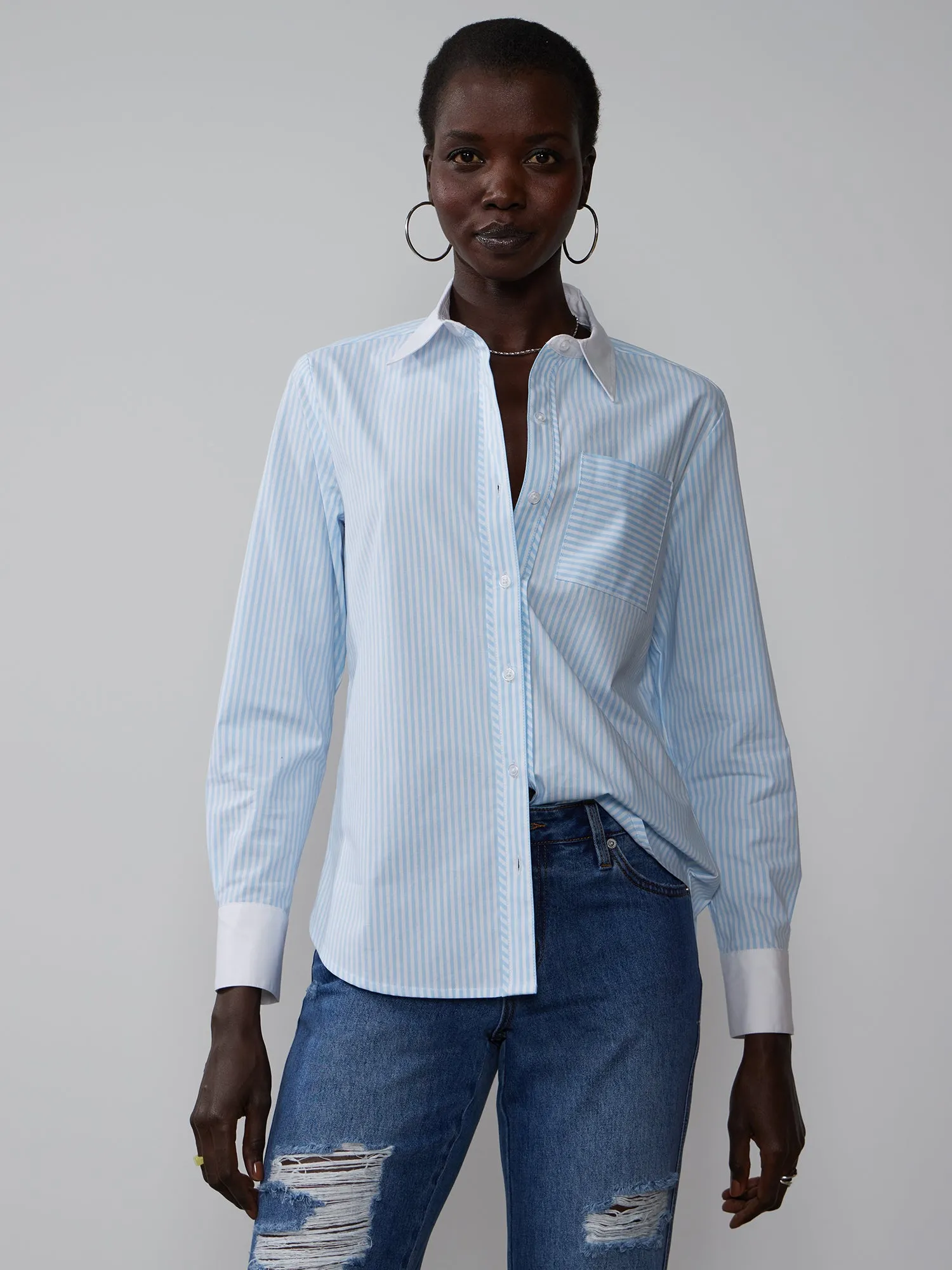 Contrast Cuff Collar Stripe Button Down Shirt