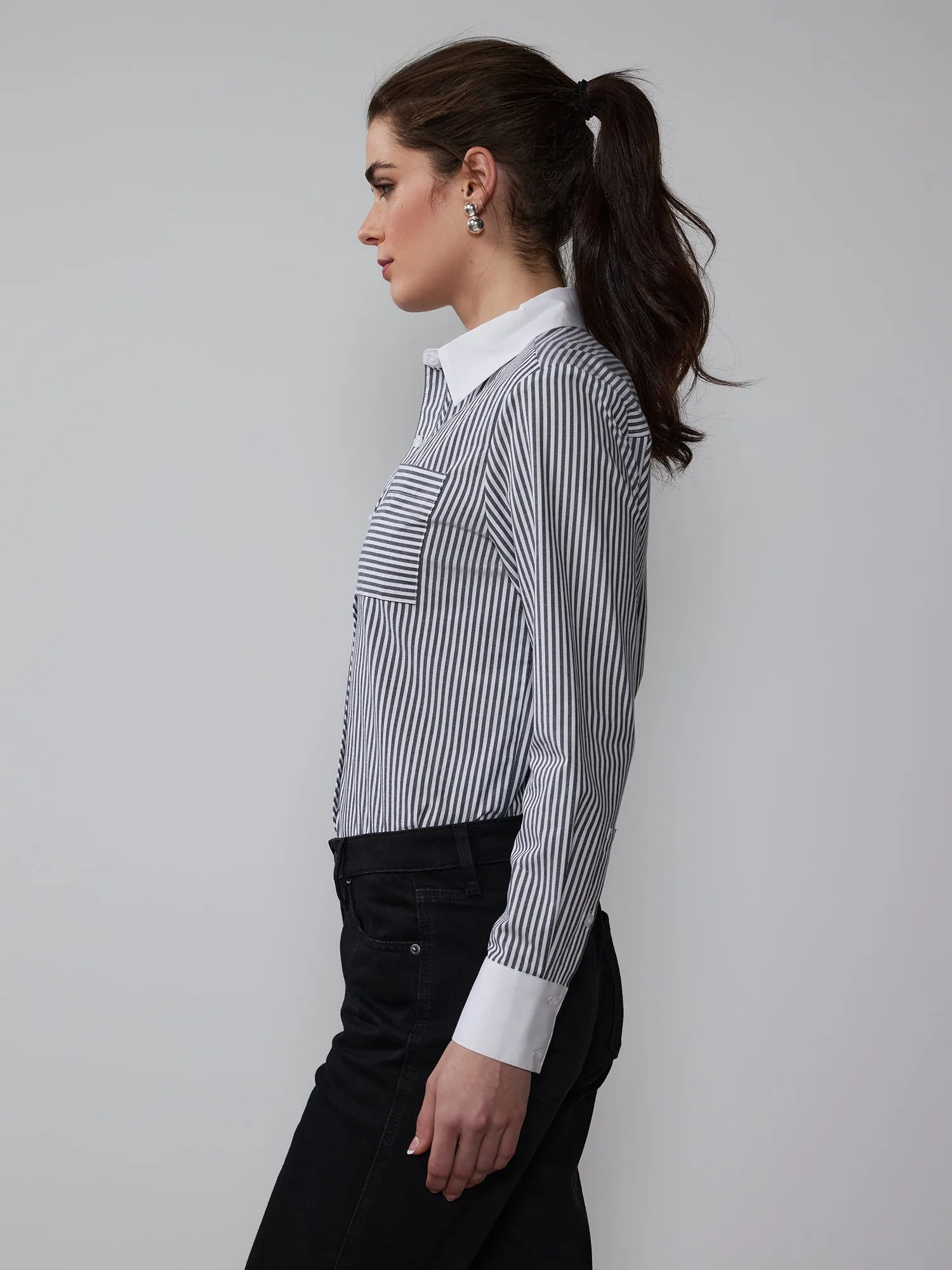 Contrast Cuff Collar Stripe Button Down Shirt