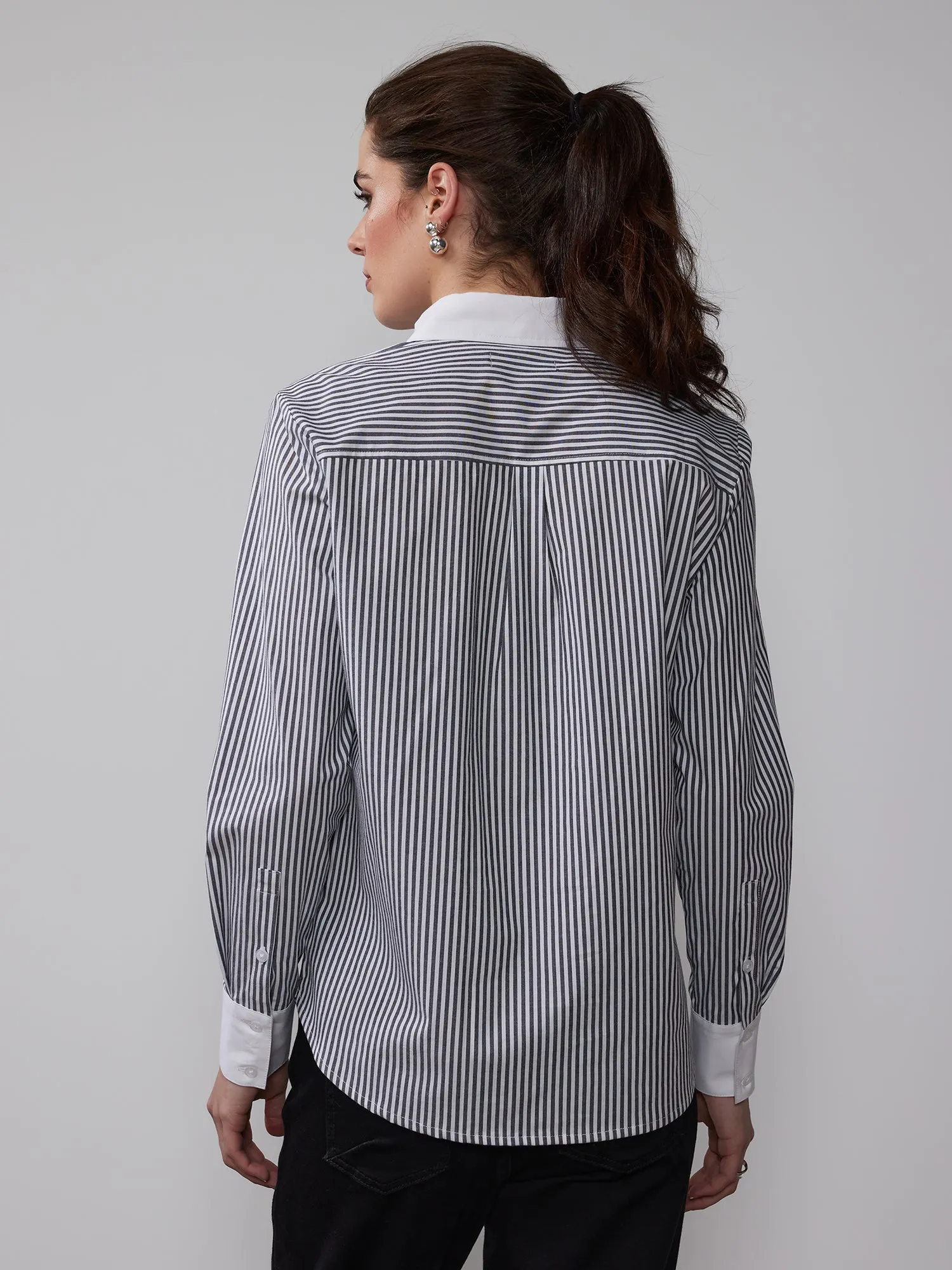 Contrast Cuff Collar Stripe Button Down Shirt