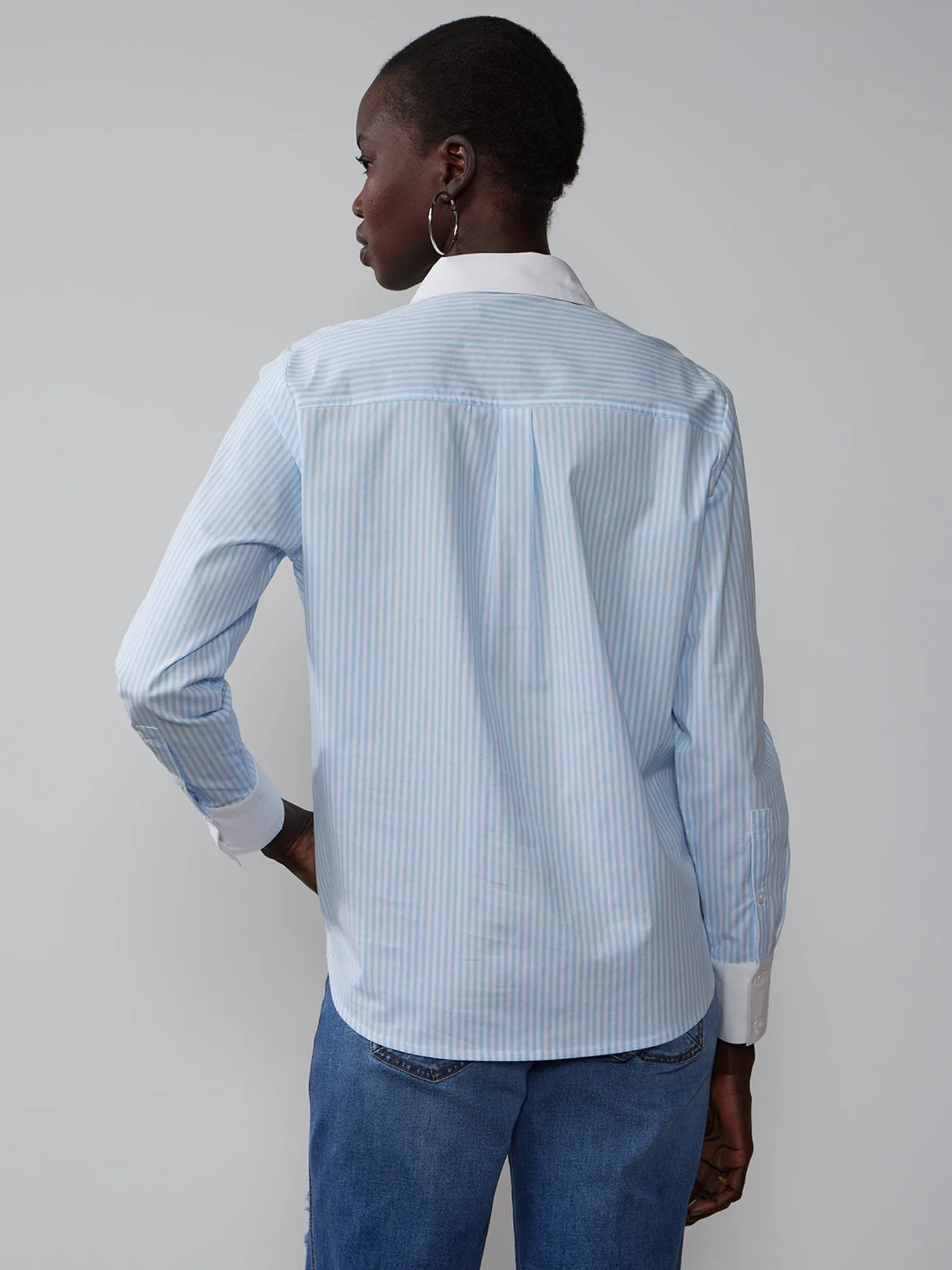 Contrast Cuff Collar Stripe Button Down Shirt