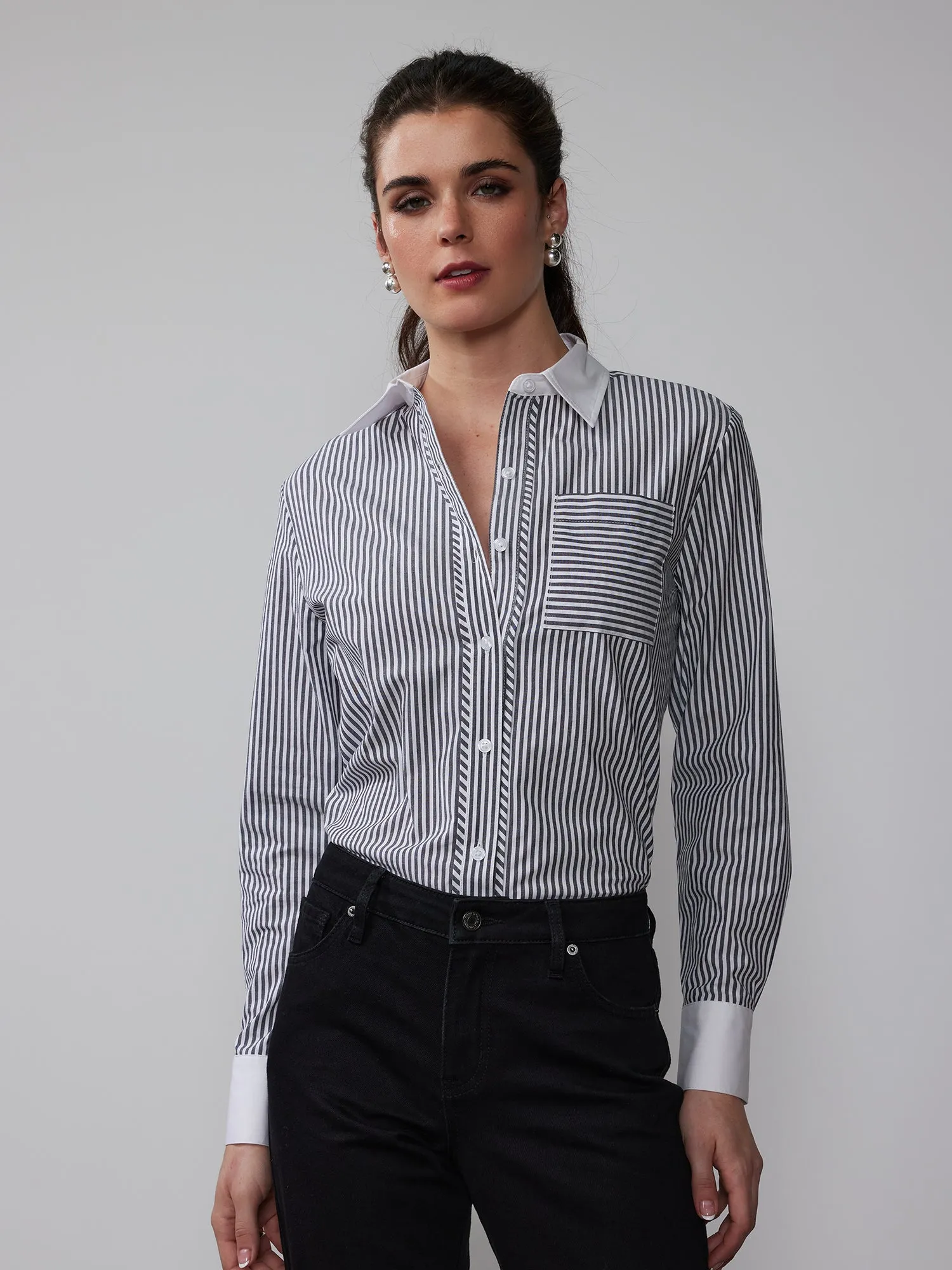 Contrast Cuff Collar Stripe Button Down Shirt