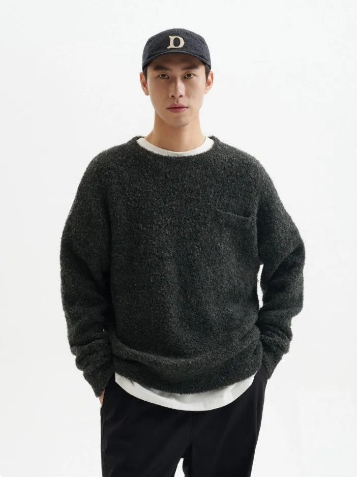 Crew Neck Fuzzy Sweater with Pocket