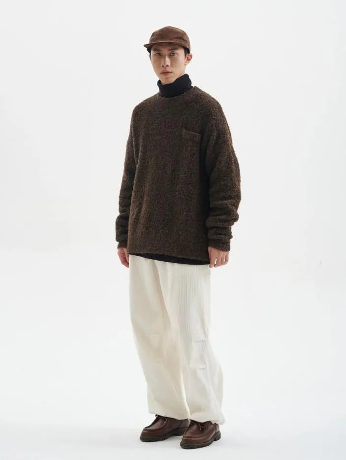 Crew Neck Fuzzy Sweater with Pocket