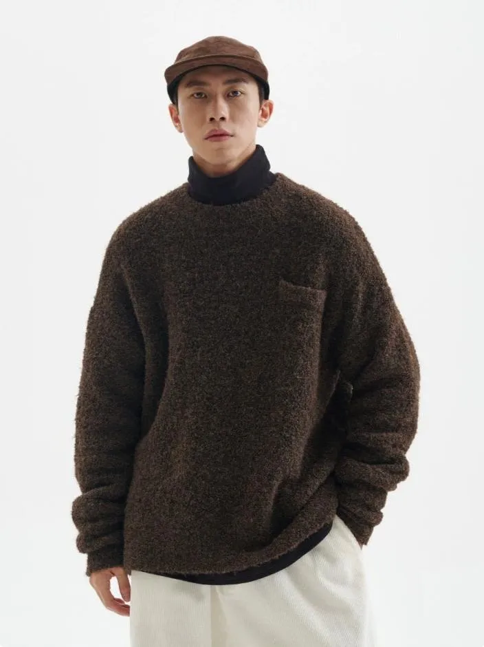 Crew Neck Fuzzy Sweater with Pocket