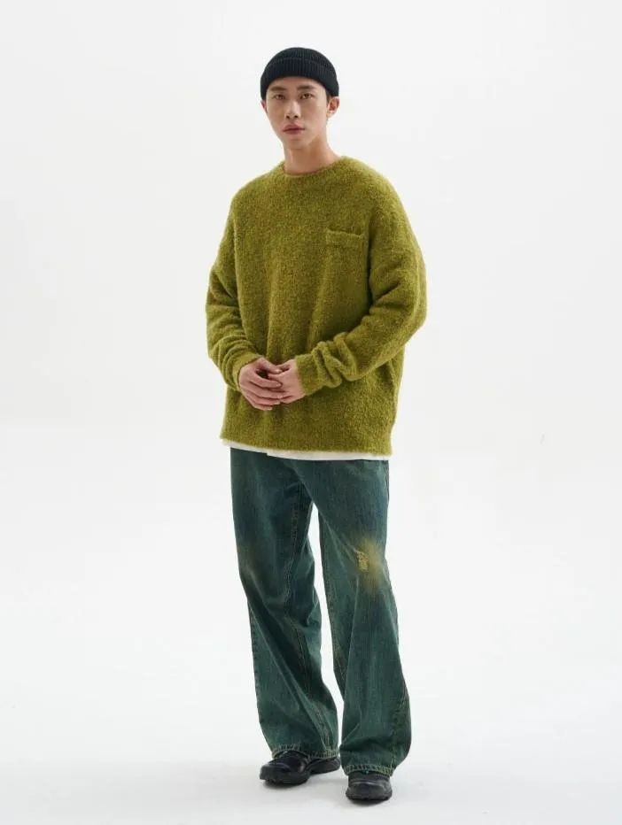 Crew Neck Fuzzy Sweater with Pocket