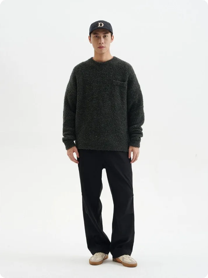 Crew Neck Fuzzy Sweater with Pocket