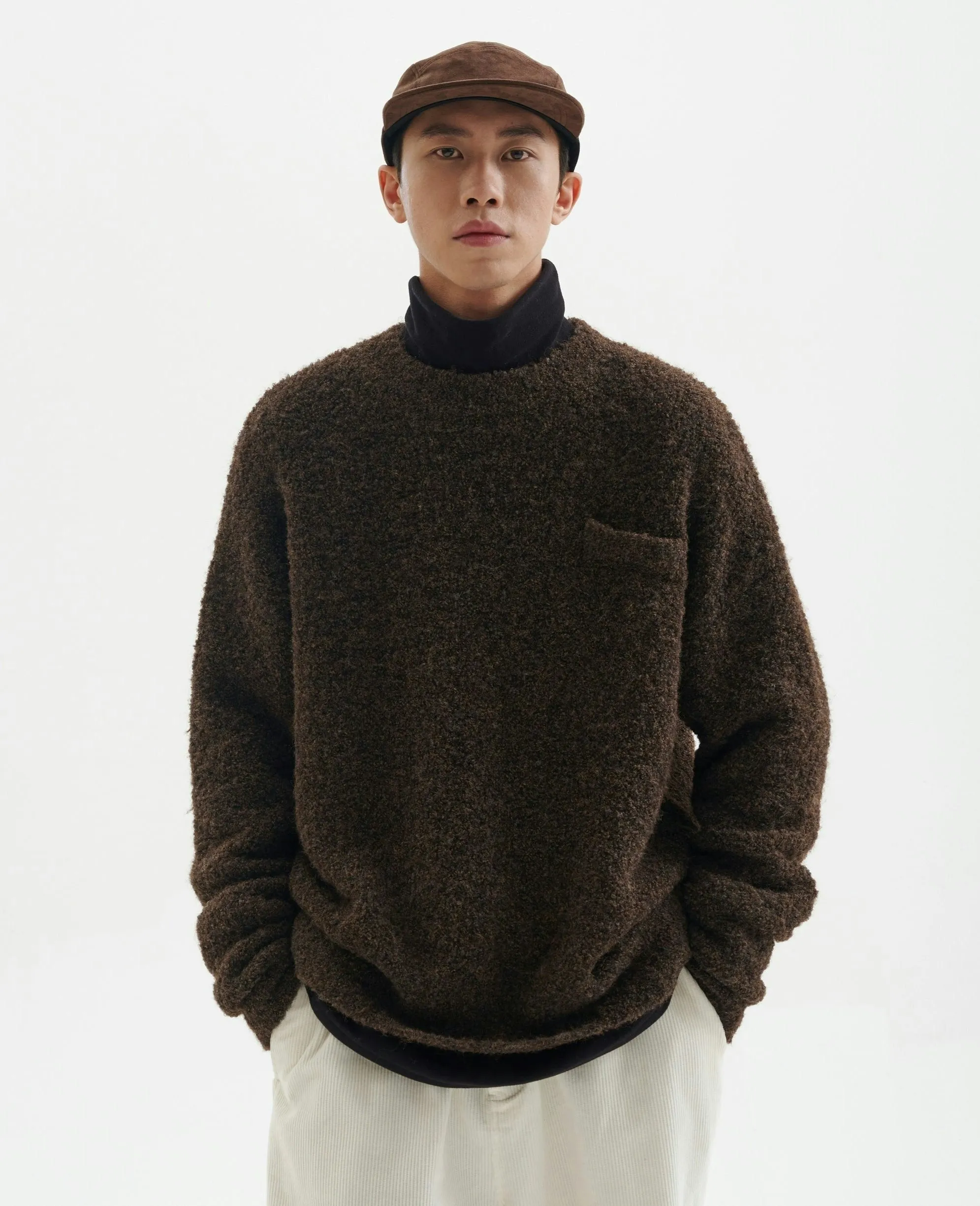 Crew Neck Fuzzy Sweater with Pocket