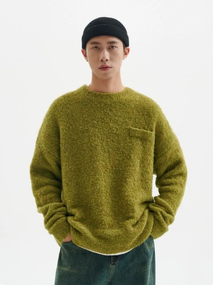 Crew Neck Fuzzy Sweater with Pocket