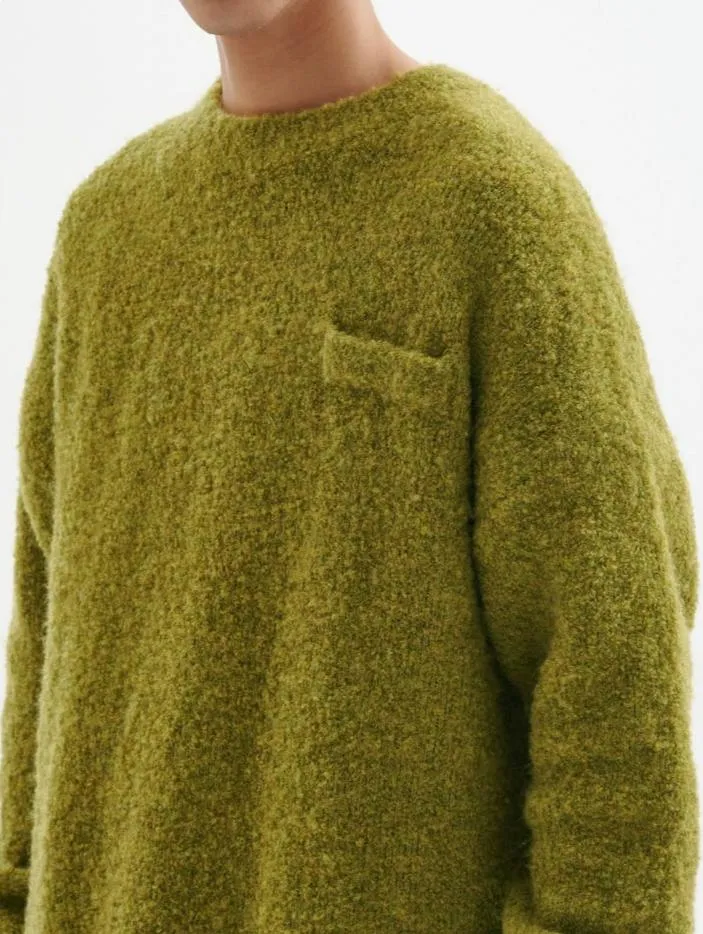 Crew Neck Fuzzy Sweater with Pocket