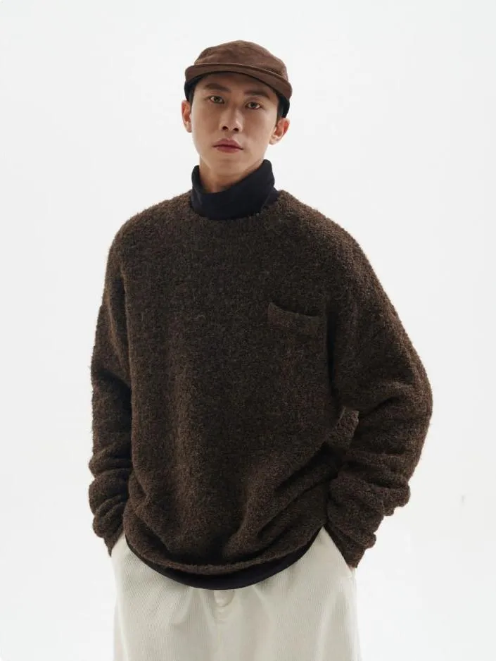 Crew Neck Fuzzy Sweater with Pocket