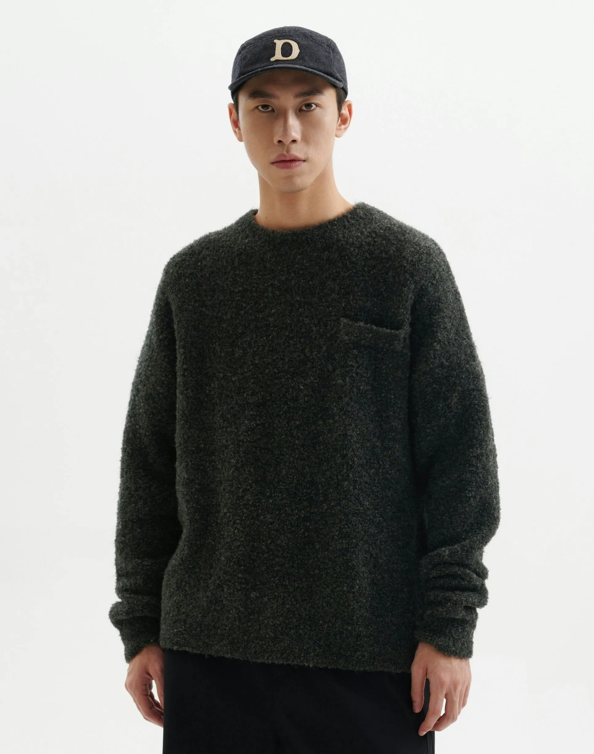 Crew Neck Fuzzy Sweater with Pocket