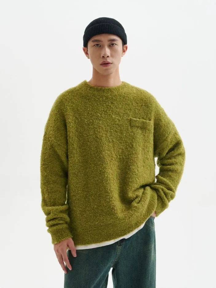 Crew Neck Fuzzy Sweater with Pocket