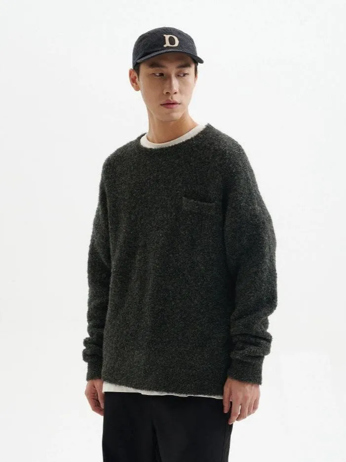 Crew Neck Fuzzy Sweater with Pocket