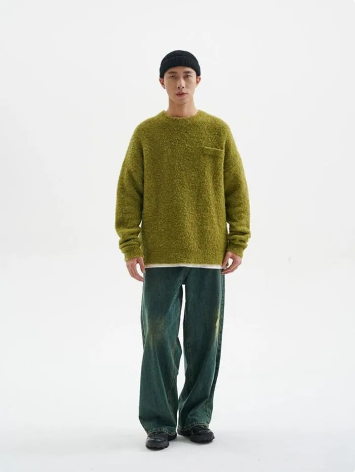 Crew Neck Fuzzy Sweater with Pocket